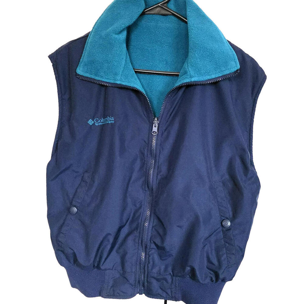 Columbia Vintage Reversible Navy Teal Turquoise Fleece Vest Jacket Womens Sz M